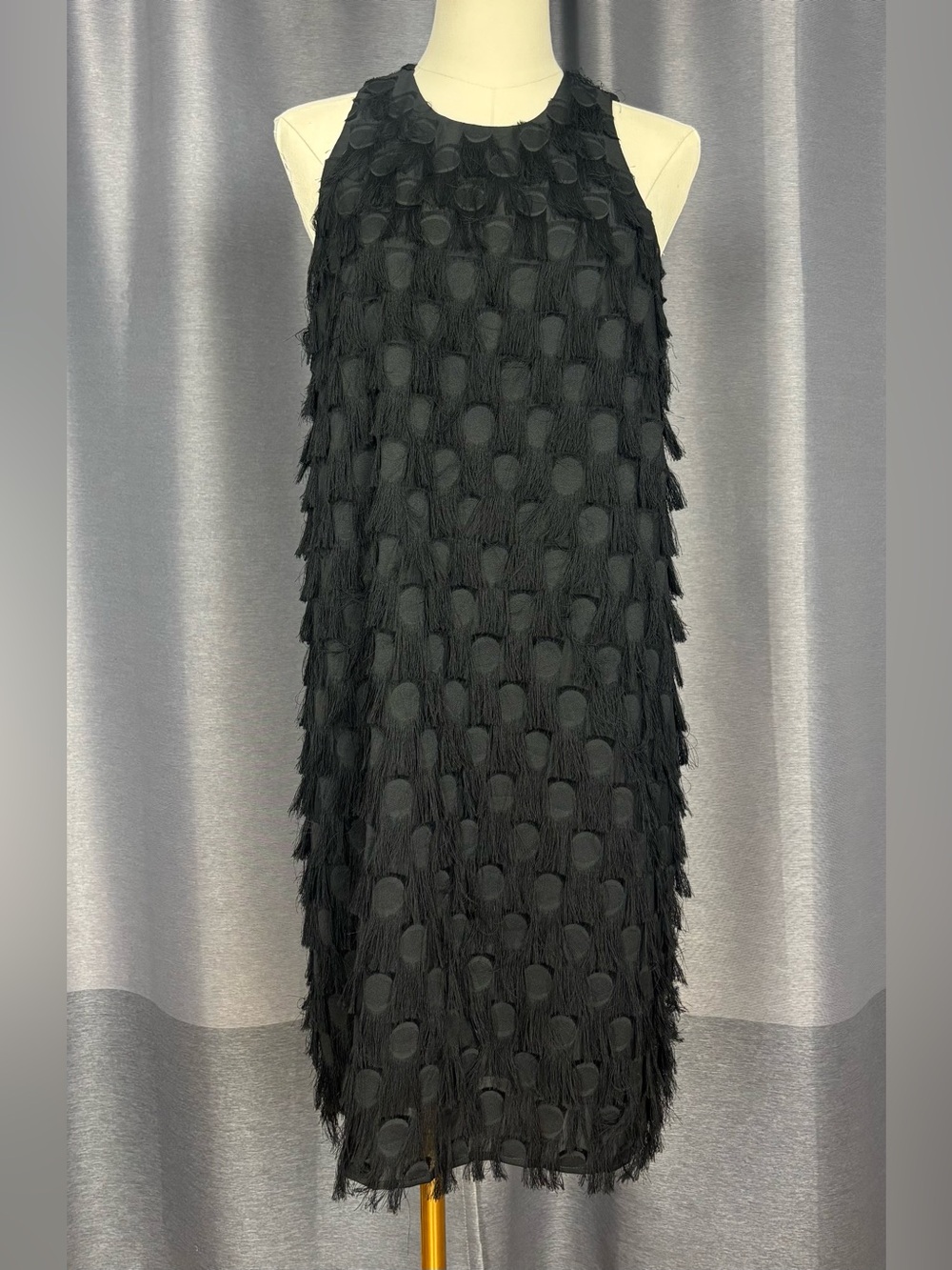 Anthropologie Roxie Black Fringe Dot Shift Dress 6